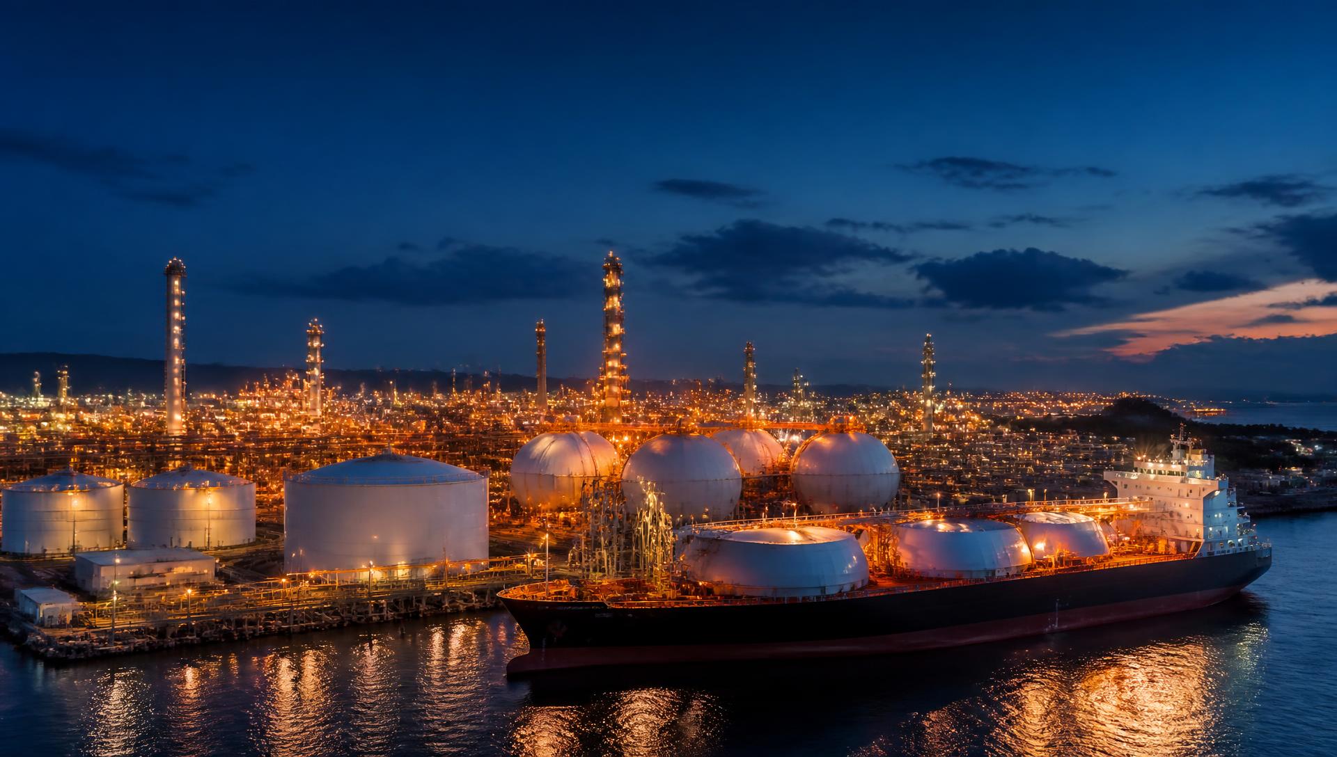 Coastal petroleum and LNG terminal with a tanker berthed at dusk